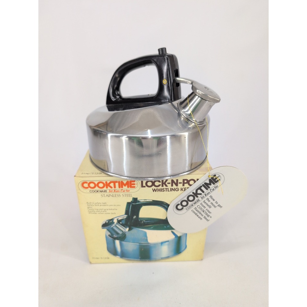 Vintage Cooktime Whistling Kettle Silver Lock-N-Pour Stainless Steel 2.13 Qt
